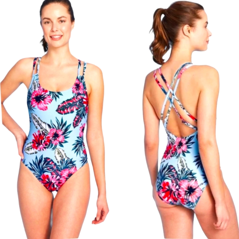🔥SALE🔥 NEW Kona Sol Blue Tropical One Piece Bathing Suit Swimsuit Sz M  8/10